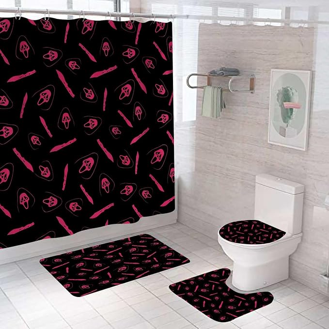 4PCS Halloween Shower Curtain Sets with Rugs, Ghost Shower Curtain, Waterproof Fabric Black Shower Curtain, Gothic Pink Spooky Face Skull Skeleton Horror Scary Pink Halloween Bathroom Decor - skull toilet rug