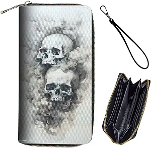 Bxgolkgd Womens Wallet, RFID Blocking Leather Wallet,Large Capacity Wallet Credit Card Holder PU Leather Ladies Clutch with Zipper Coin Pocket - Smoke Skull - skull wallet