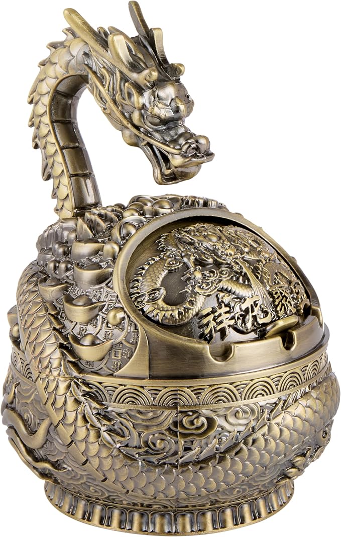 K COOL Vintage Ashtray with Lid for Cigarettes,Metal Windproof Smokeless Odorless Ash Tray Holder for outdoor indoor Decorative Hand-Carved Fancy Gift Ornament for Home Office (Bronze Dragon) - skull ashtray