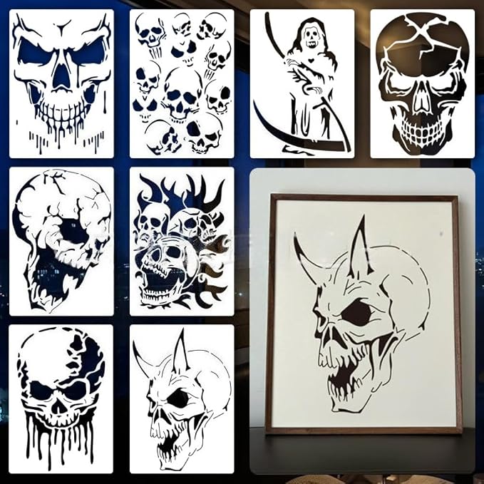 8-Pack Skull Painting Stencils - Large 10x7 Inch Reusable Halloween Templates for Wall Art, Wood Decor, Baking & DIY Crafts, Scary Skeleton Bone Patterns - skull painting
