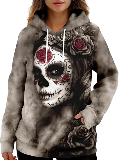 PAGYMO Graphic Hoodies for Women Cute Printed Pullover Hooded Sweatshirt - skull hoodie