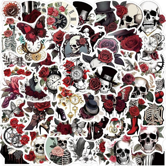 50Pcs Punk Rose Stickers Gothic Skull & Clock Vintage Decal for Laptop, Water Bottle, Journal, Scrapbook - skull sticker