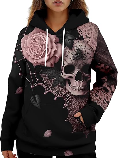 HIVICHI Graphic Hoodies for Women Cute Print Pullover Hooded Sweatshirt - skull hoodie