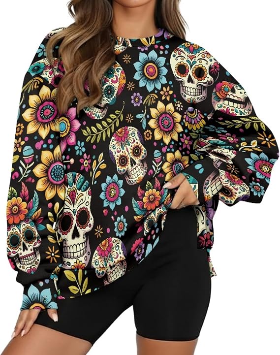 Womens Oversized Sweatshirts Hoodies Crewneck Sweaters Casual Tops Comfy Fashion Outfits Clothes with Pockets - skull sweatshirts
