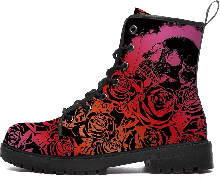Flower Skull Boots Womens Mens Combat Boots PU Leather Lace Up Ankle Booties Gifts for Her Him - sugar skull costume
