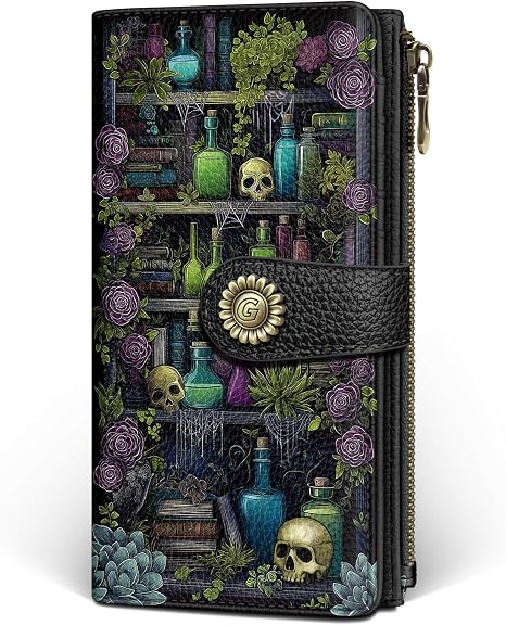 GIANCOMICS Goth Book Shelf Womens Wallet RFID, Credit Card Holder Bifold - sugar skull handbags for sale