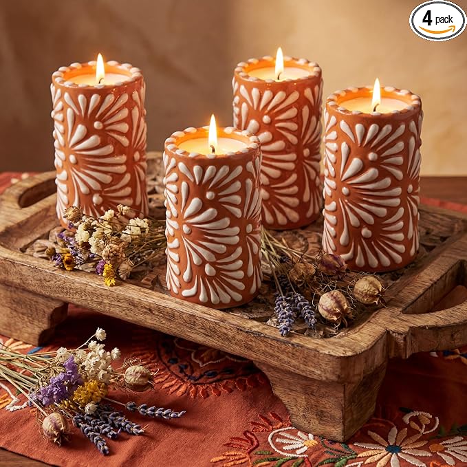 Lounsweer 4-Pack Mexican Talavera Candle Set - Scented Tequila Shot Glass Candles | Ceramic Cantaritos de Barro Decor for Fiesta, Cinco De Mayo, Birthday, Bridal Shower & Housewarming Gift(Brown) - skull candle