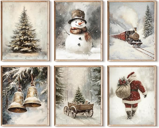 Vintage Christmas Wall Art Winter Snowy Canvas Poster Santa Claus Wall Decor Christmas Tree Prints Retro Xmas Pictures Navidad Holiday Painting Snowman Artwork for Farmhouse Bedroom 8x10 Inch Unframed - skull wall art