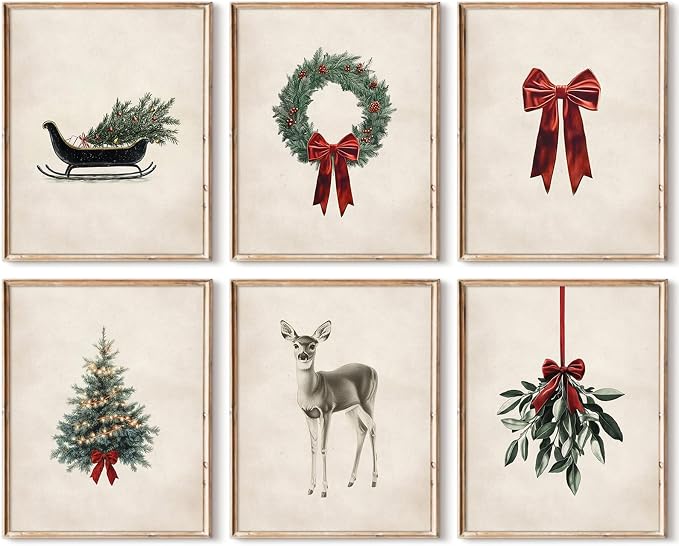 Vintage Christmas Wall Art Winter Canvas Poster Christmas Tree Wall Decor Retro Xmas Prints Navidad Holiday Pictures Rustic Deer Painting Bow Artwork for Living Room Bedroom 8x10x6 Inch Unframed - skull painting