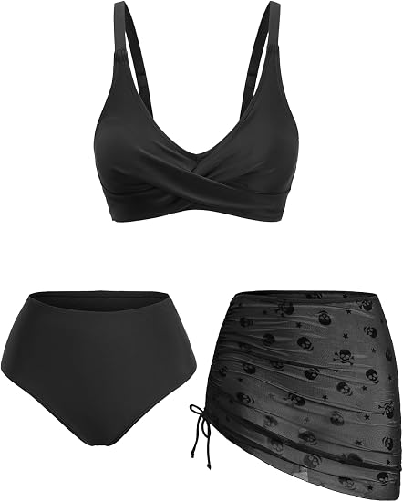 DRESSFO Women's High Waisted Bikini Sets with Cover Up Skirt 3 Piece Gothic Skull Swimsuit Padded Tummy Control Bathing Suit - skull swimsuit