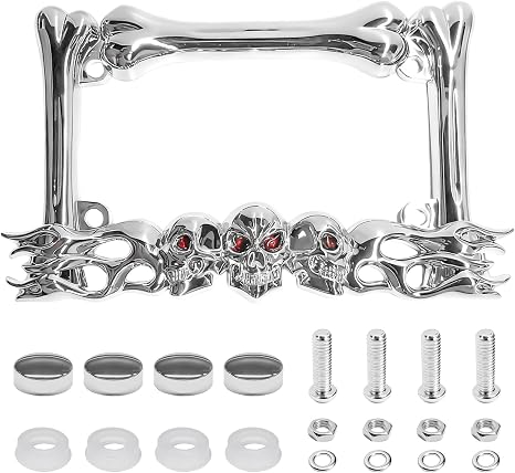 Skull Motorcycle License Plate Frame, Heavy Duty Motorcycle Tag Cover 3D Red Eye Skeleton Frame, Skull License Plate Holder Cool Decoration for Cruiser Dual-Sport Street Bikes (Silver) - skull plate