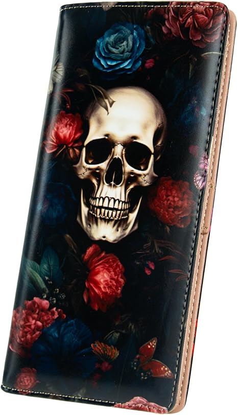 AIRMORS Wallet Women Leather Credit Card Holder with RFID Blocking Large Capacity Slim zipper Wallets for Men Minimalist Coin Purse long clutch wallet (Skull) - sugar skull handbags for sale