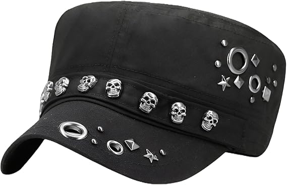 Skull Studded Military Cadet Cap for Men & Women, Adjustable Flat Top Military Army Hat Punk Rock Y2K Baseball Hat - skull hat