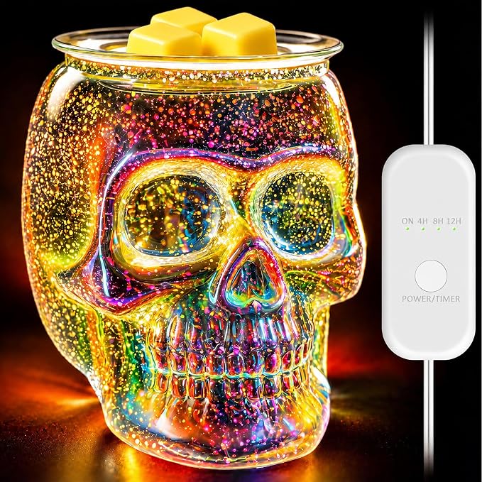 Wax Melt Warmer with Timer- 3D Glass Skull Wax Melter for Scented Wax Melts, Halloween Candle Wax Warmer Lamp for Home Fragrance, Home Décor & Gifts for Women - skull candle