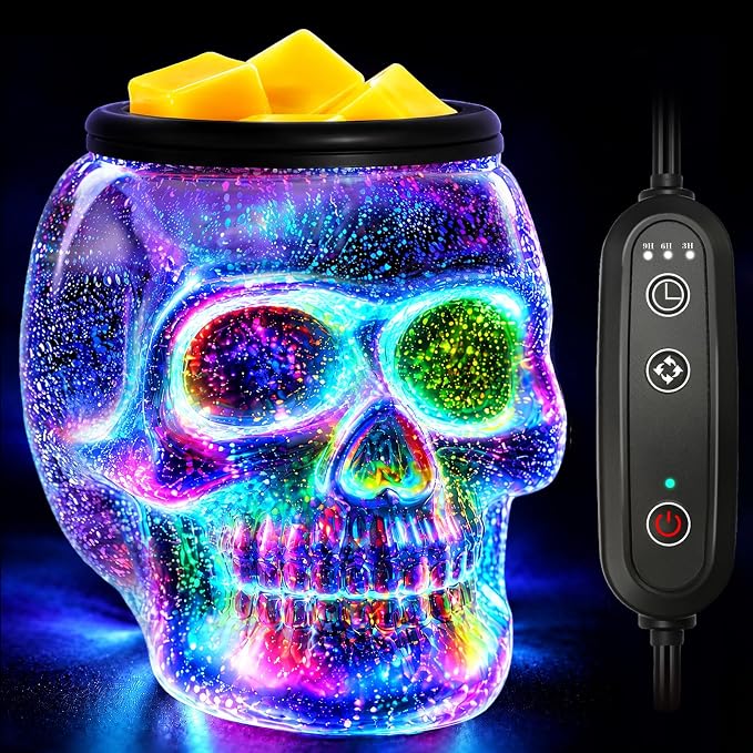 Wax Melt Warmer with Timer - Electric 3D Glass Skull Wax Melter for Scented Wax Melts, 7 Color Led Candle Halloween Wax Warmer Lamp for Home Fragrance, Home Décor & Gifts for Women - skull candle