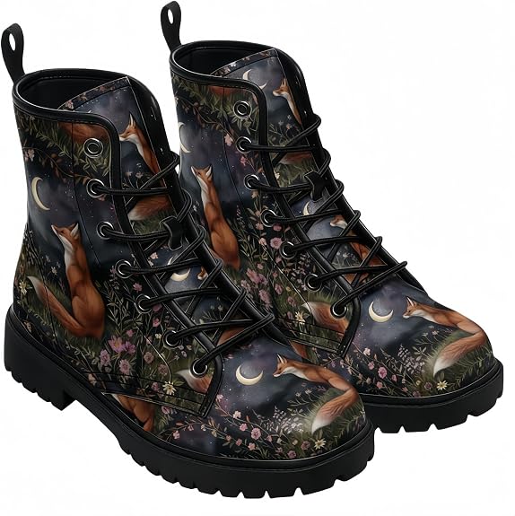 Women's Printed Short Boots Lace-up Chunky Heel Combat Ankle Booties for Girls Ladies Autumn and Winter Shoes Rose Skull Cartoon Pattern - sugar skull boots