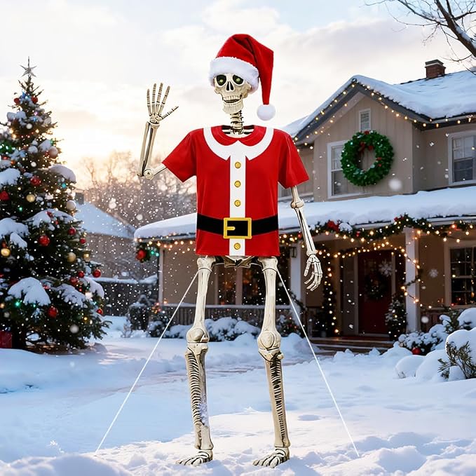 12 Foot Skeleton Christmas Outfit, Xmas T-Shirt & Santa Hat Set, Christmas Costume Accessories for Holiday Garden Lawn Outdoor Decor (Skeleton Not Included) - skeleton