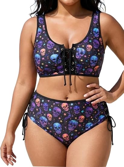 ROSE GAL Women Plus Size Gothic Bikini Sets Skull Stars Print Two Piece Bathing Suits Lace-up Swimwear - skull swimsuit