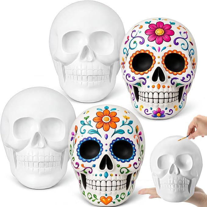 Teecyhooo 2 Pack Large Ready to Paint Ceramic Sugar Skull, 6in L x 7in H - skull painting