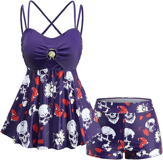 ROSE GAL Plus Size Women Goth Two Piece Bathing Suit Skull Floral Print Crisscross Back Flowy Tankini Swimsuit - skull swimsuit
