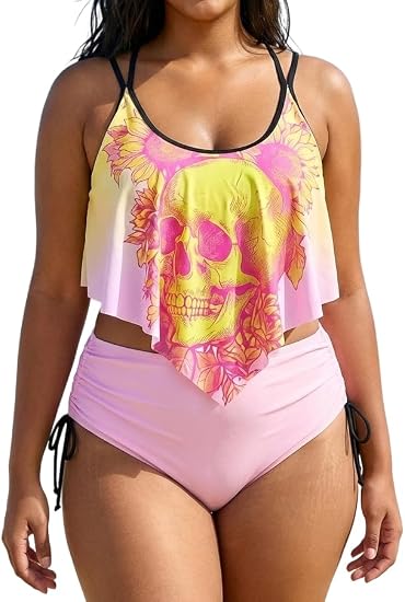 ROSE GAL Women Plus Size Gothic High Waisted Bikini Sets Skull Sunflower Print Two Piece Bathing Suits - skull swimsuit