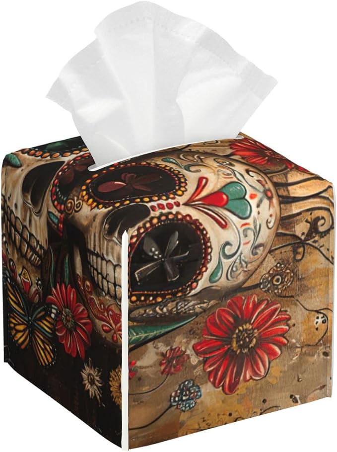 Sugar Skulls Butterfly Print Tissue Box Cover Holder Square with Belt Bottom Leather Decorative Organizer for Desk Office - skull toilet paper