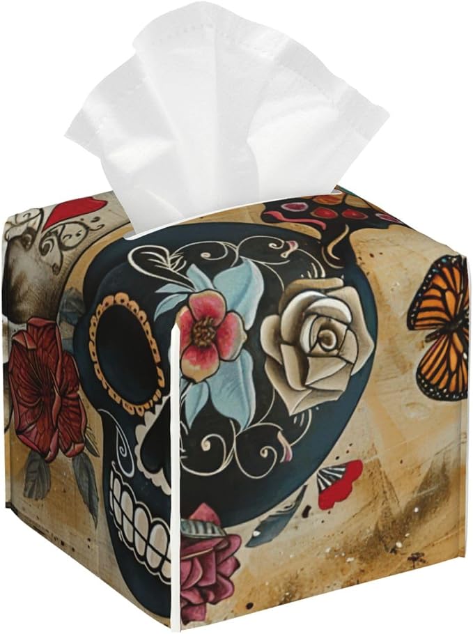 Sugar Skulls Butterfly Print Tissue Box Cover Holder Square with Belt Bottom Leather Decorative Organizer for Desk Office - skull toilet paper
