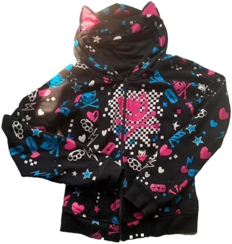 Womens Y2k Skulls Pattern Hoodies Kawaii Zip Up Clothes Punk Hip Hop Cat Ears Sweatshirts Cute Hoodie - skull sweatshirts