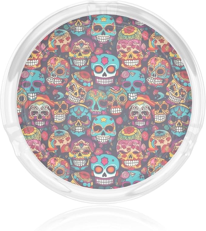 Sugar Skulls Print Round Glass Ashtray Portable Decorative Modern Ashtray For Indoor Outdoor - skull ashtray