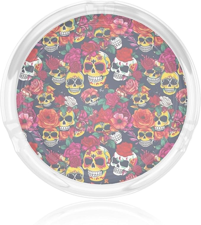 Sugar And Skulls And Flowers Print Round Glass Ashtray Portable Decorative Modern Ashtray For Indoor Outdoor - skull ashtray