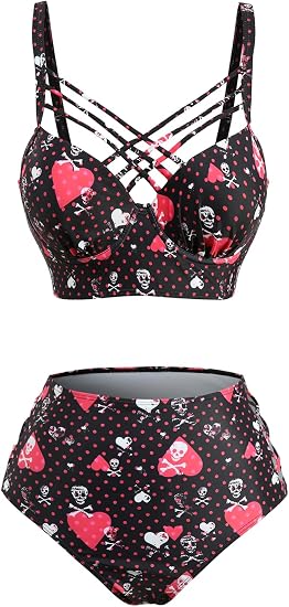 DRESSFO Womens Retro Bikini Set Gothic Two Piece Skulls Heart Polka Dots Printed Bowknot Vintage Tankini Bathing Suit