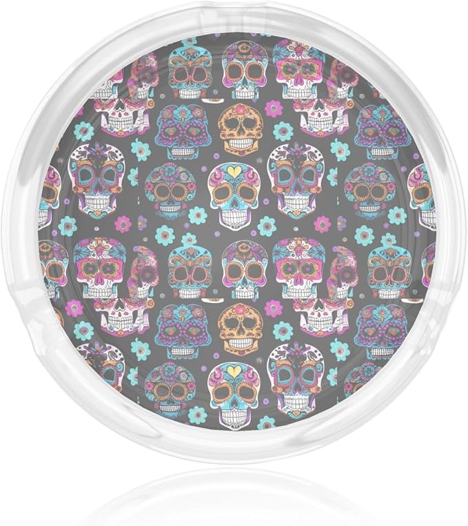 Sugar Skull Print Round Glass Ashtray Portable Decorative Modern Ashtray For Indoor Outdoor - skull ashtray