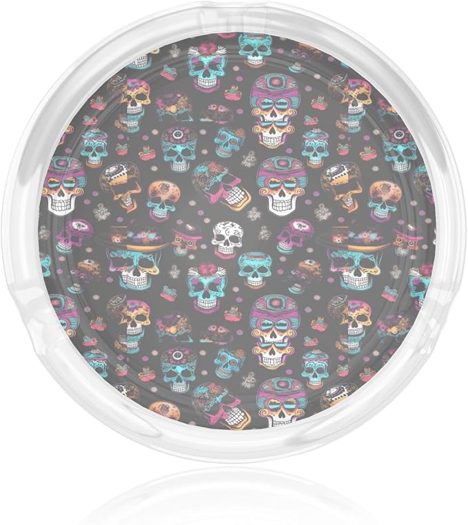 Sugar And Skulls Style Print Round Glass Ashtray Portable Decorative Modern Ashtray For Indoor Outdoor - skull ashtray