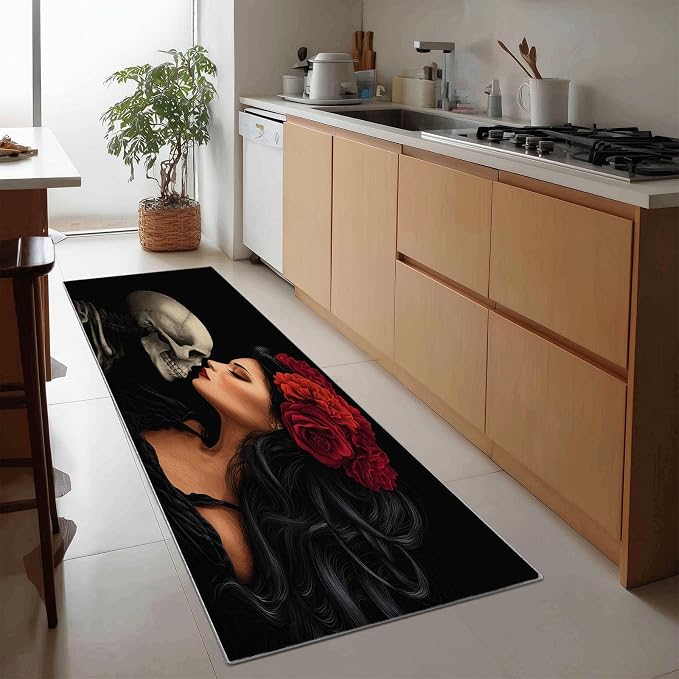 2' x 5' Gothic Style Washable Runner Rug, Woman Skull Flowers Non-Slip Carpet for Hallways, Low Pile Kitchen Runner Carpet, Ultra Soft Print Rug for Entryway, Bedroom, Laundry - skull carpet