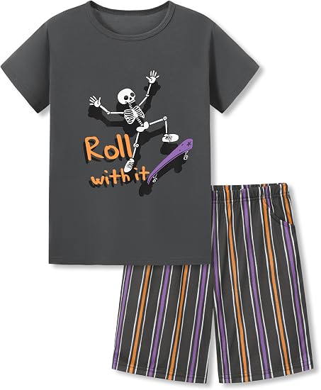 Beezizac Boys Pajamas Raglan Summer Cool Short Sleeve Set Size 6-18 - skull pajamas