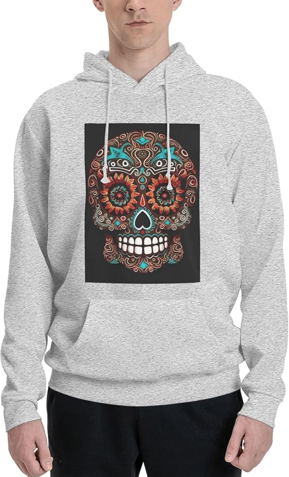 Men's Fleece Hoodie Sweatshirts Fall Pullover Hoodies Casual Sweaters Sugar Skulls Day of the Dead Winter Clothes Gray - skull hoodie