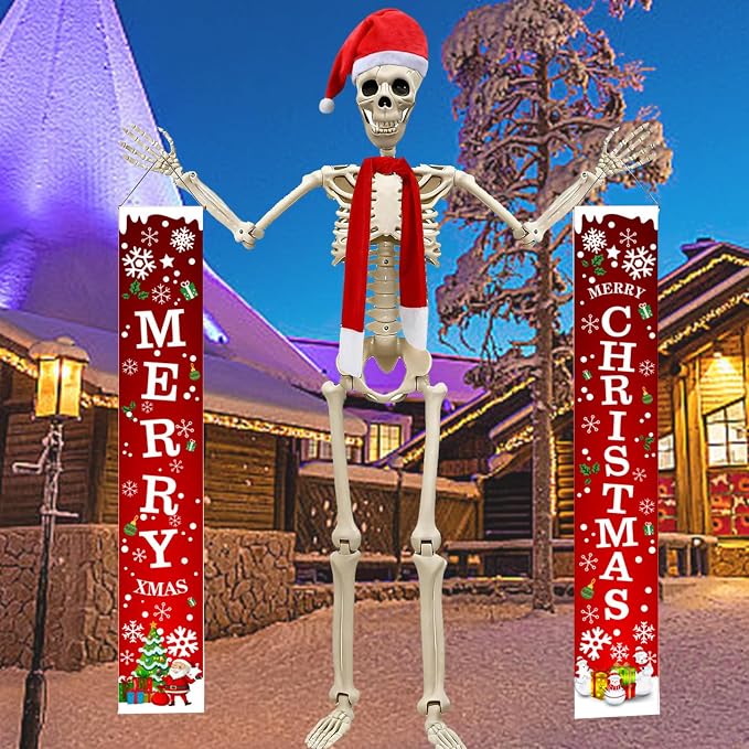 12 Foot Skeleton Christmas Outfits,12Ft Giant Skeleton Accessories Clothes,Including Giant Santa Hat,Scarf,Merry Christmas Banner Couplet,for Xmas Outdoor Decorations (Style 1) - skeleton