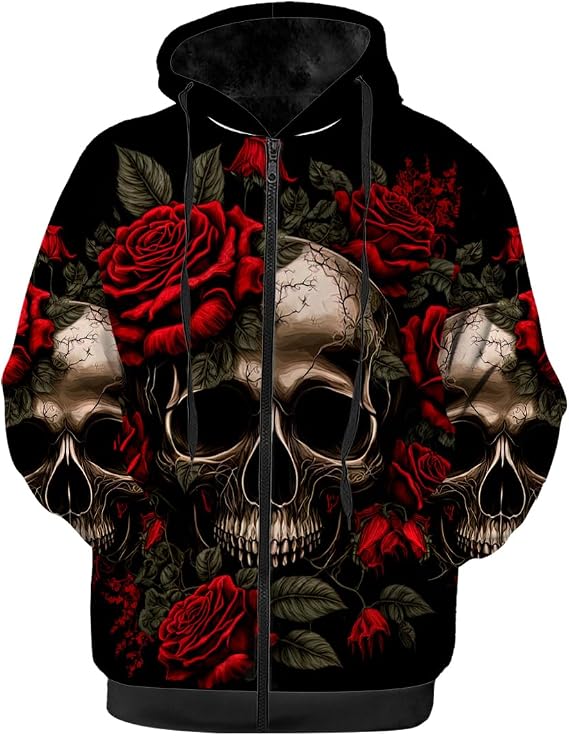 Flower Skull Womens Mens Winter Jacket,Black Fleece Lined Zip-up Hoodie Warm Sweatshirt Coat - skull hoodie