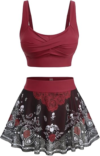 ROSE GAL Plus Size Skulls Gothic 2 Piece Swimsuits for Women Goth Two Piece Tankini Set Cross Twist Padded Bathing Suits - skull swimsuit