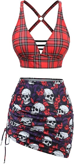 ROSE GAL Plus Size Gothic Skulls 3 Piece Swimsuits for Women Three Piece Bikini Tummy Control Bathing Suits - skull swimsuit