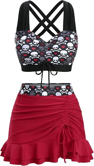 ROSE GAL Plus Size Gothic Skulls 2 Piece Swimsuits for Women Two Piece Tankini Set - skull swimsuit