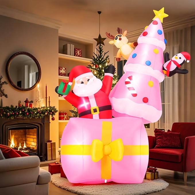 AKEYDIY 8 FT Christmas Inflatable Christmas Tree Outdoor Decorations, Santa Climbing Tree Chased by Dog Built-in LED Lights Inflatable Tree with Gift Boxes Clearance for Yard, Holiday, Parties - skull inflatable