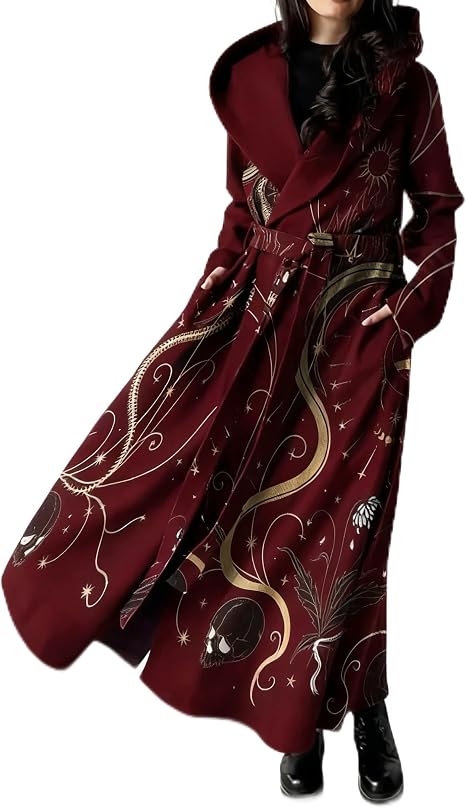 Women Long Fleece Trench Coat Gothic Winter Open Front Belted Overcoat Casual Peacoat Fall Jacket with Hood - skull jacket