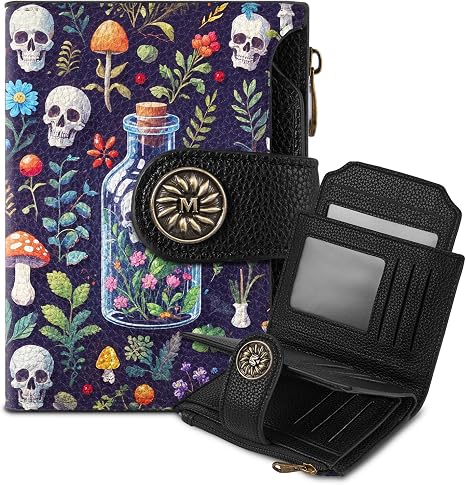 Mayski Goth Skull Garden Gothic Small RFID Wallet Women, PU Leather Bifold Zipper Coin Pocket Compact Cash Credit Card Holder Purse, Cute Travel Wallet for Ladies Teen Girls, 4 ID Window 14 Card Slots - skull wallet