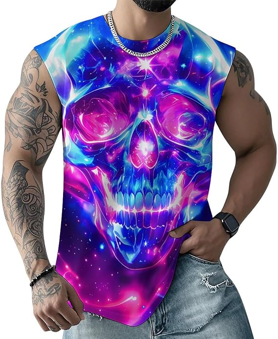 Men's 3D Dragon Tank Tops Neon Graphic Muscle Gym Workout Shirts - skull tank tops