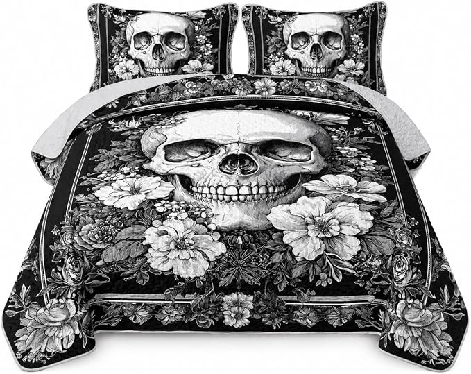 AILONEN Sugar Skull Gothic Quilt Set King Size,Black and White Luxury Bedspread Coverlet with 2 Pillowcases,Soft Lightweight 3-Piece Death Skeleton Bedding Set - skull bedding
