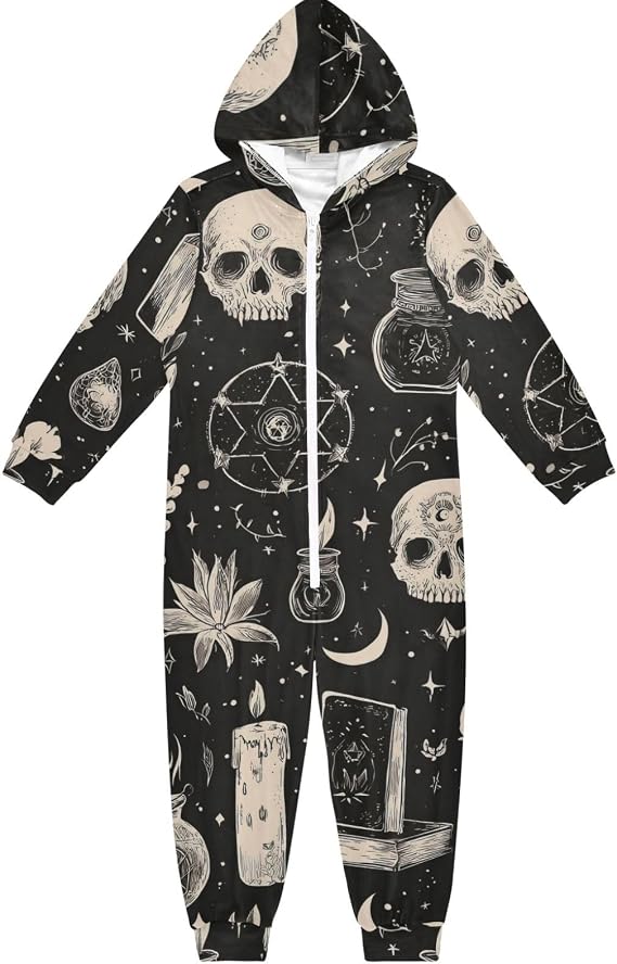 Onesie Pajamas One-Piece Costume Hooded Soft Sleepwear Jumpsuit with Pockets 4-14Y - skull pajamas