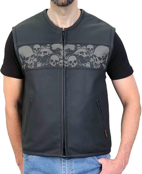 Hot Leathers Men’s Black Premium Matte Leather Ancient Skulls Conceal & Carry Motorcycle Vest - skull jacket