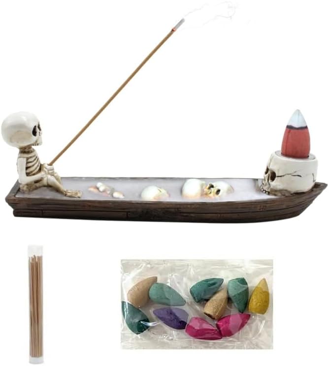 Gothic Skull Incense Burner with 10 Reflux Cones Skeleton Boat Candle Holder for Home Decor Meditation Gift Aromatherapy - skull incense burner