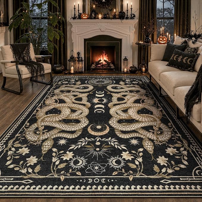DCX 5x7 Snake Rug for Living Room: Gothic Washable Indoor Carpet Black - skull carpet
